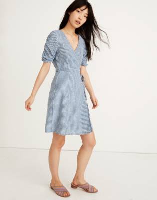 Gingham Shirred-Sleeve Wrap Dress